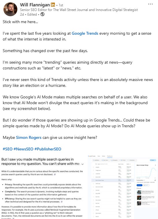 Will Flannigan's LinkedIn post about Google counting fan out queries from AI