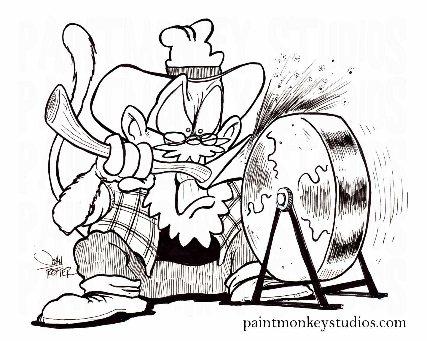 Ink cartoon of the Paintmonkey sharpening an axe on a grinding wheel.