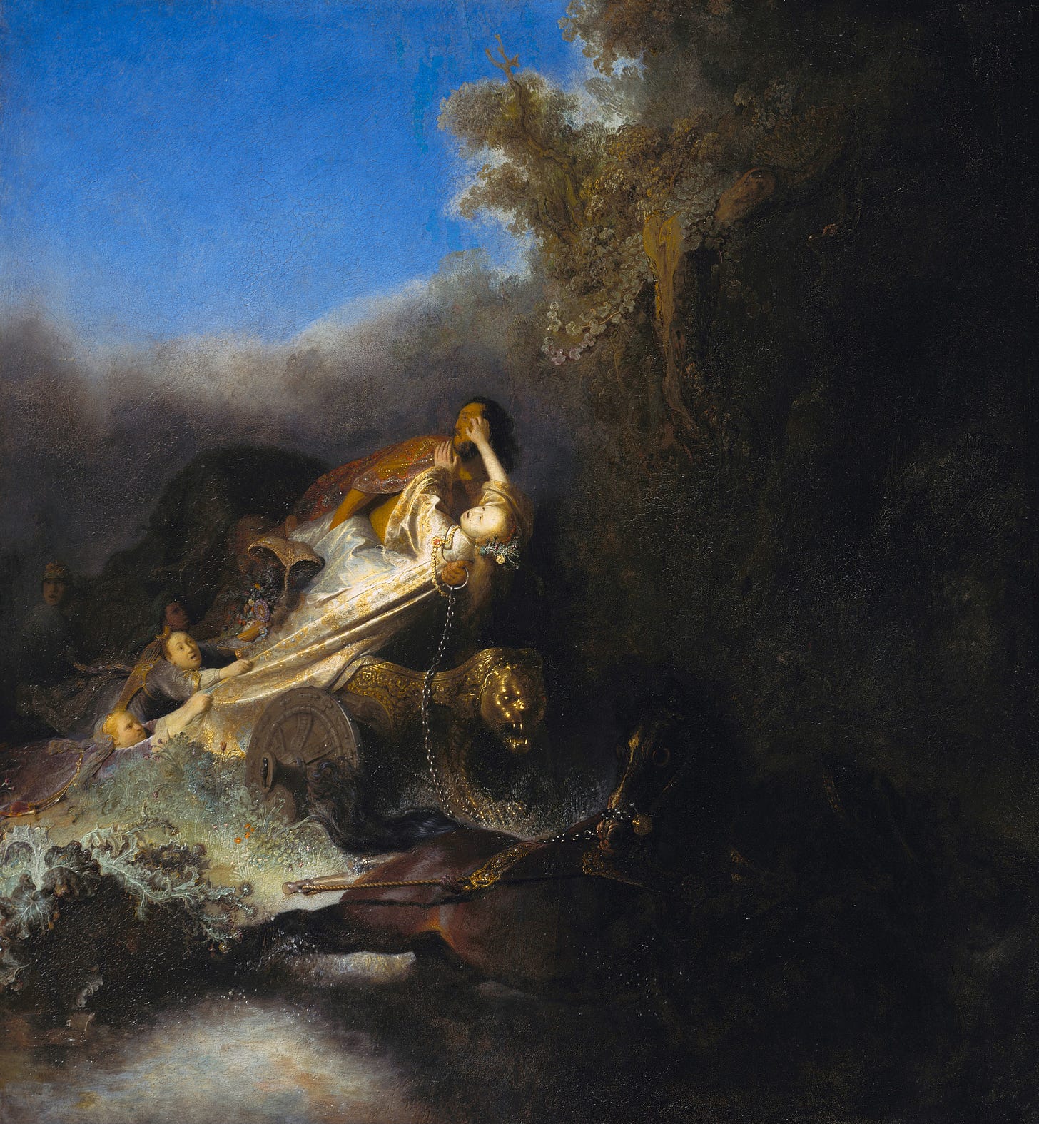 Rembrandt's The Abduction of Proserpina, Hades driving his chariot away while Persephone struggles against him