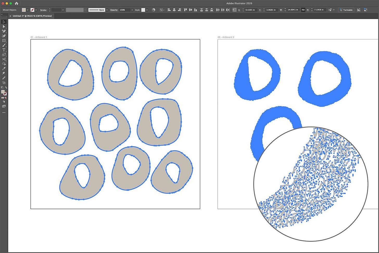 Illustrator screenshot showing traced ring motifs converted into editable blue vector shapes.