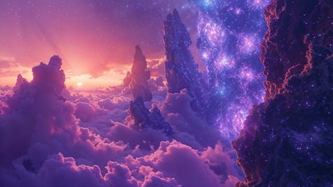 Luminous canyon, vivid sunset, river of stars, surreal, cascading waterfalls, bioluminescent flora, hypnotic depth, ethereal, floating rocks, cosmic backdrop.