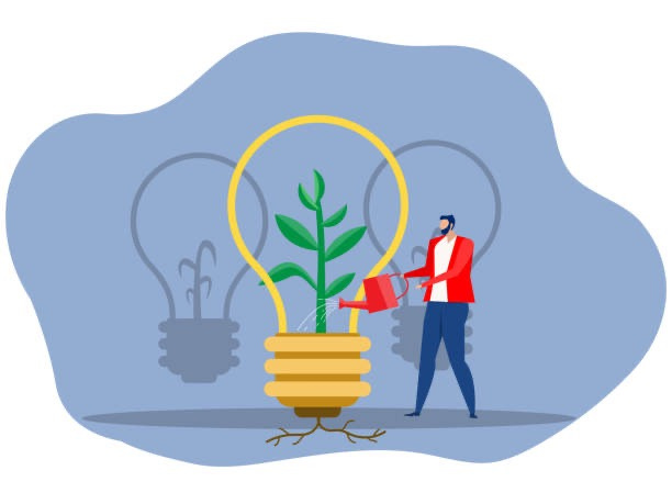 creative business concept,businessman watering tree on which new ideas grow  investor search for new ideas and startups. flat vector illustration - plant incubator stock illustrations