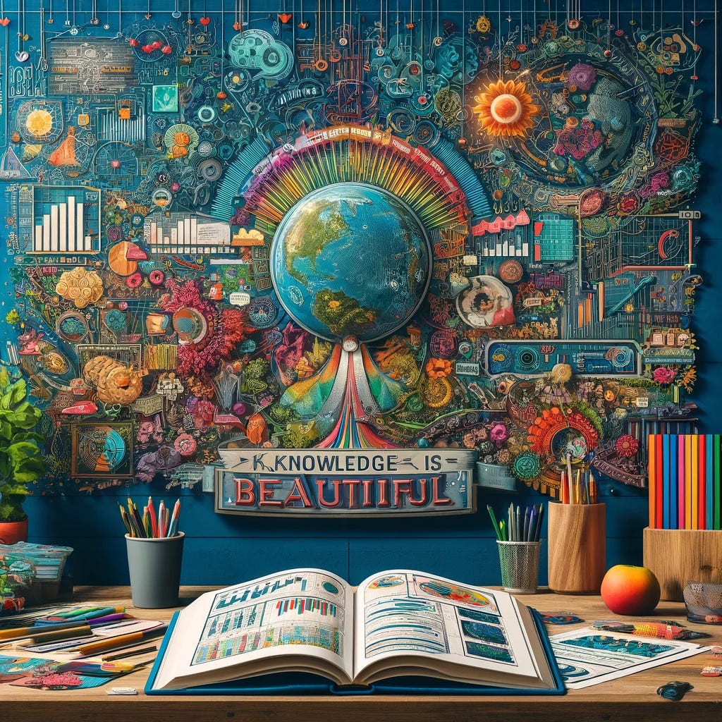 the image inspired by "Knowledge Is Beautiful" by David McCandless. It features a creatively arranged workspace with an open book filled with colorful, intricate infographics and data visualizations, representing various topics like technology, psychology, and environmental data. The vibrant and visually engaging setting highlights the educational and aesthetic value of well-designed data visualizations. the image inspired by "Knowledge Is Beautiful" by David McCandless. It features a creatively arranged workspace with an open book filled with colorful, intricate infographics and data visualizations, representing various topics like technology, psychology, and environmental data. The vibrant and visually engaging setting highlights the educational and aesthetic value of well-designed data visualizations.