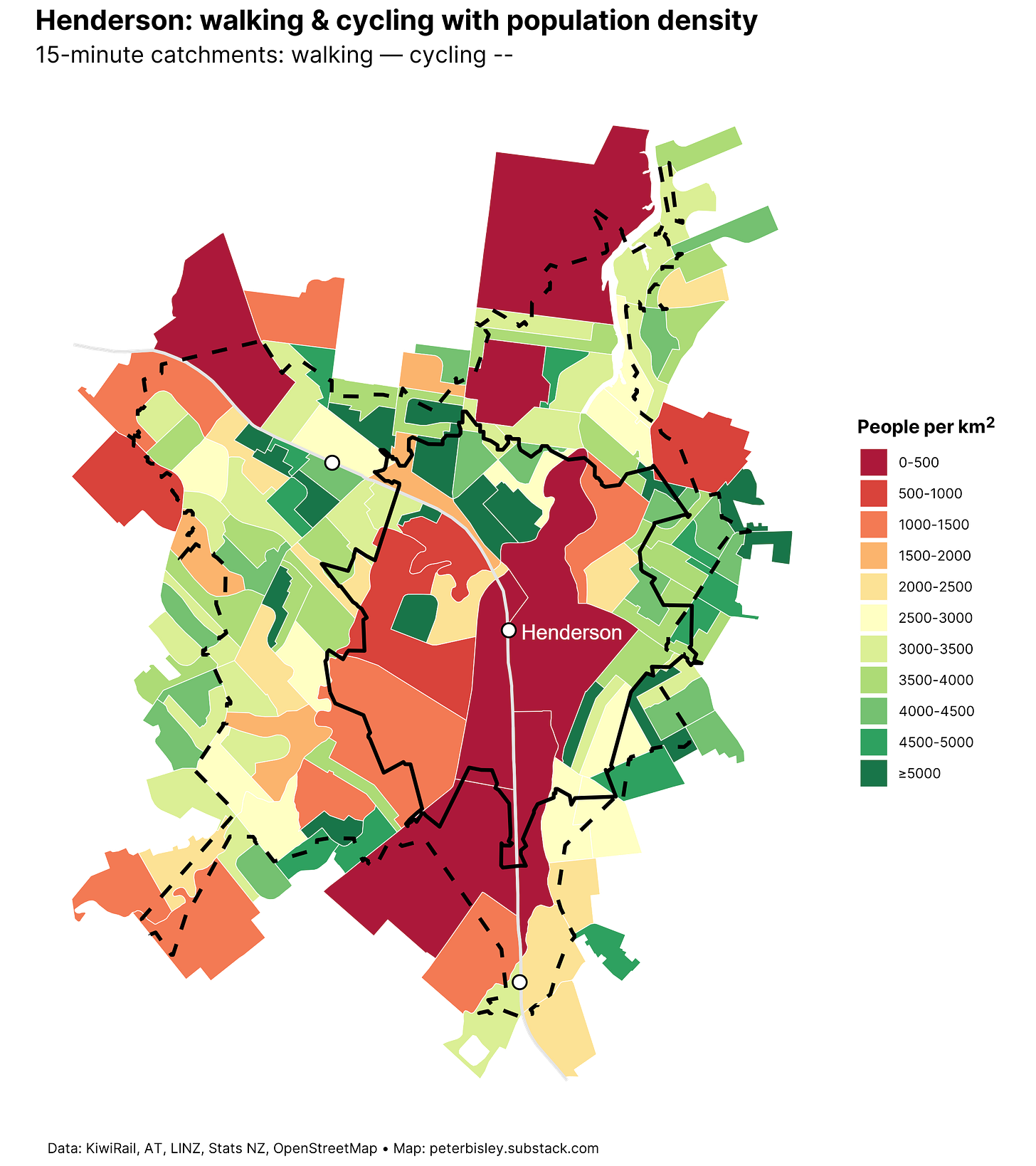 Map of population density by Statistical Area 2 and walking and cycling catchments in the vicinity of Henderson Station