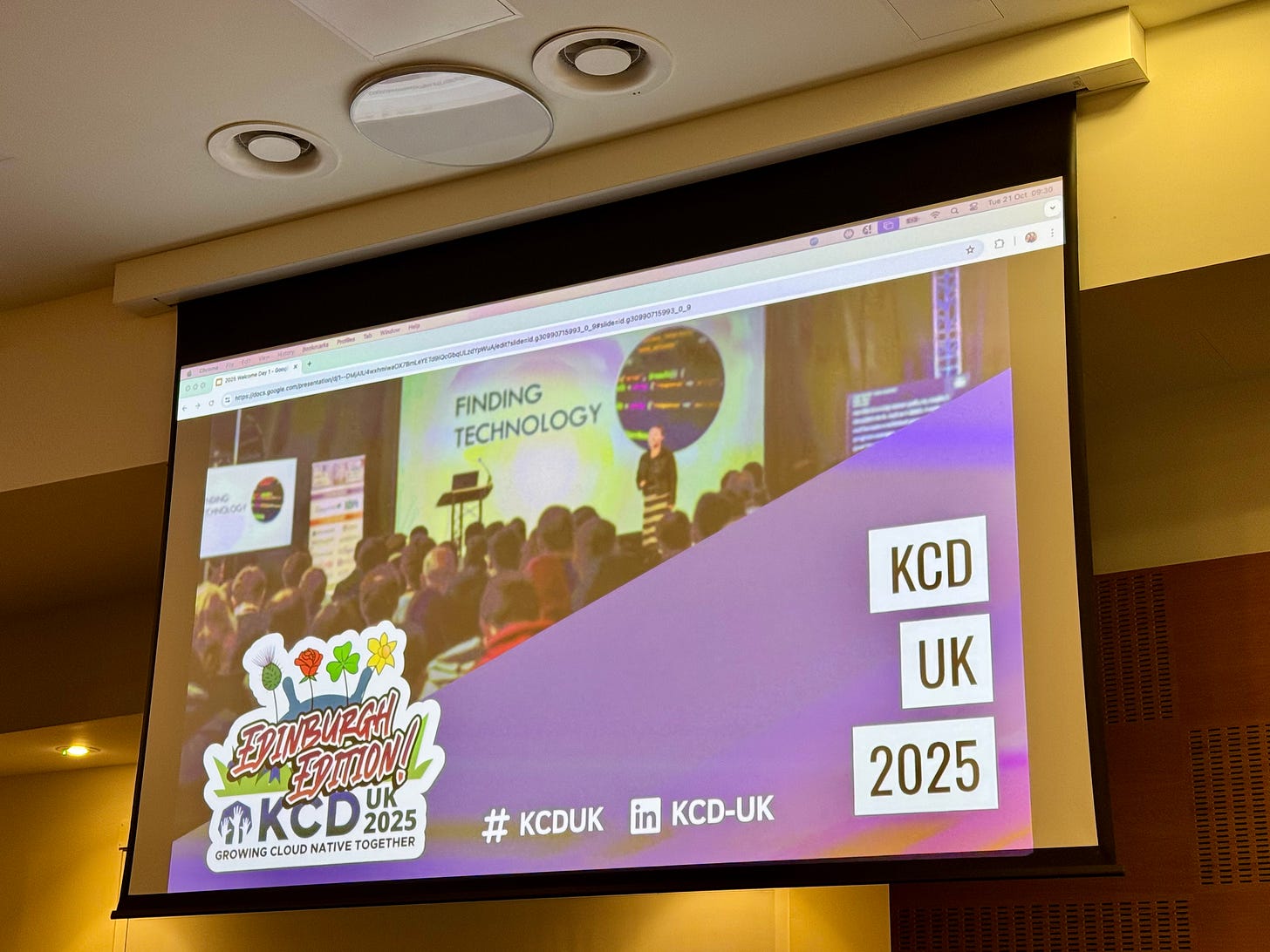 Projector slide welcoming the audience to KCD UK 2025. The slide includes the conference logo as well as social media links. Projector slide welcoming the audience to KCD UK 2025. The slide includes the conference logo as well as social media links.