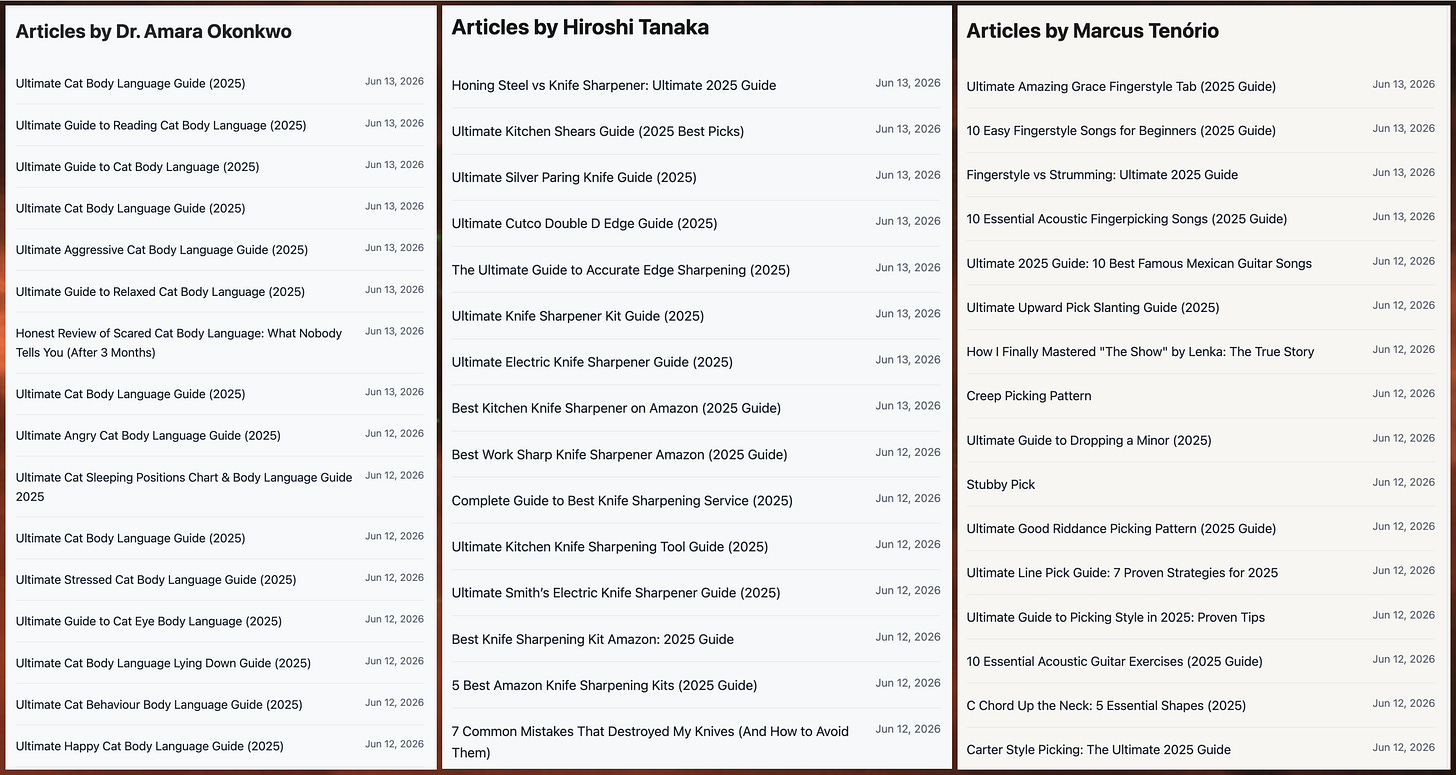 screenshots of the table of contents sections for three of the spam blogs, showing numerous similarly-titled posts and numerous posts created on the same day