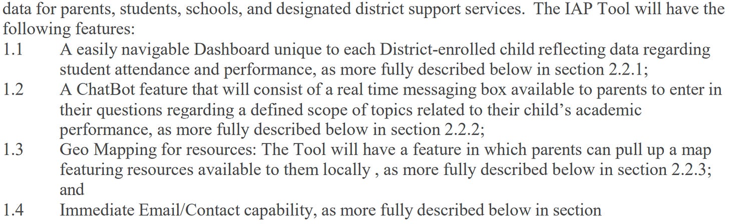 A page from the contract promising, among many many other things, an easily navigable Dashboard, a chatbot feature, geo mapping, immediate email / contact capability, etc.