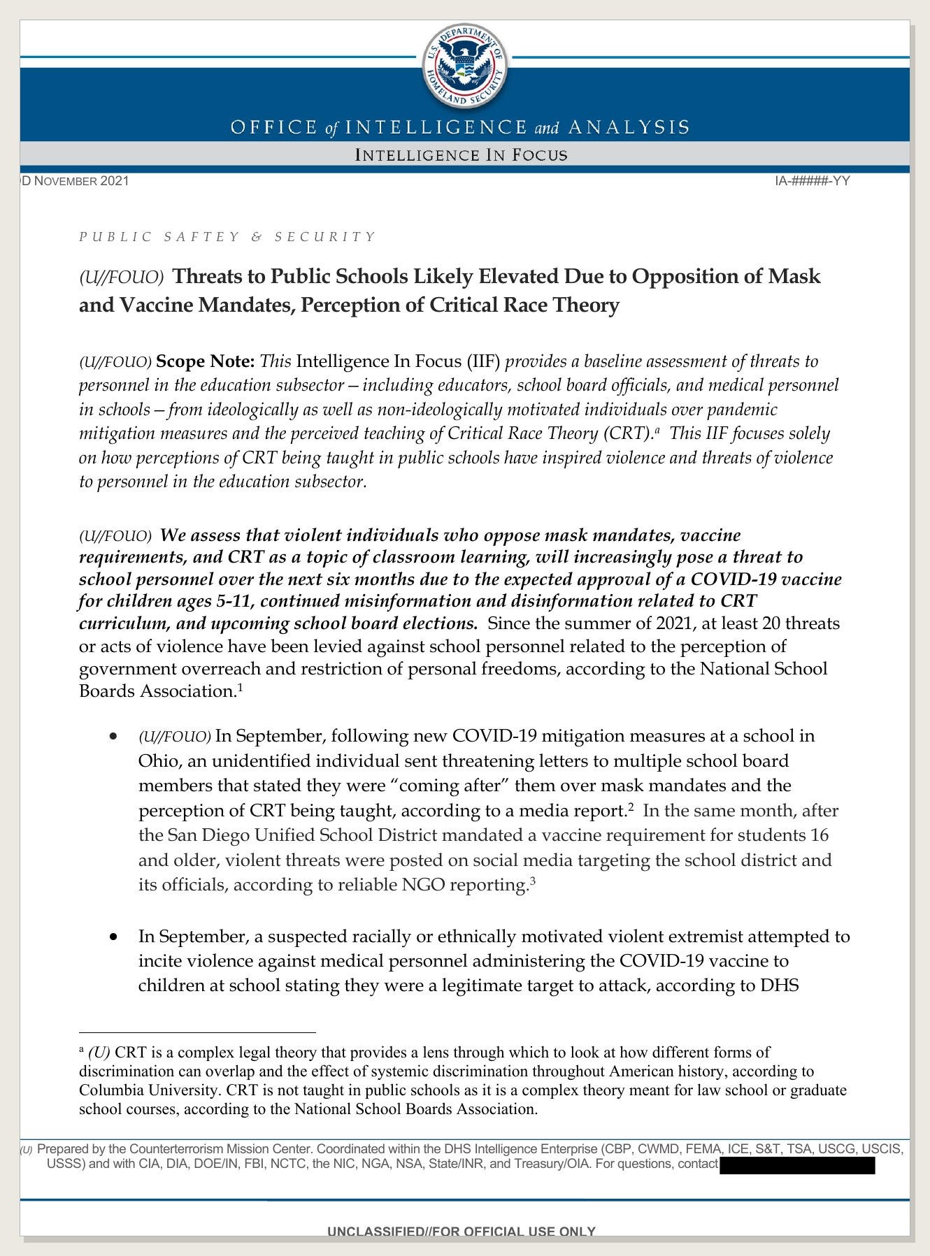 First page of the DHS Intelligence in Focus assessment dated October 28, 2021 First page of the DHS Intelligence in Focus assessment dated October 28, 2021