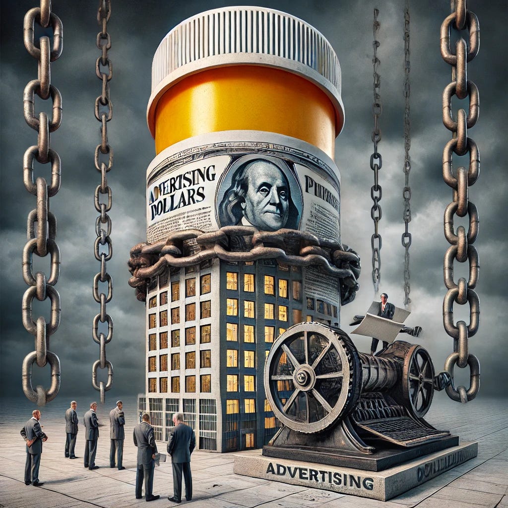 A surreal scene depicting a giant pharmaceutical pill bottle shaped like a corporate skyscraper. The skyscraper is tightly wrapped in heavy chains labeled 'Advertising Dollars.' At the base, an old-fashioned newspaper printing press is bound by the same chains. Inside the skyscraper, journalists wearing suits are trapped behind barred windows, looking out with distressed expressions. The environment has a dark, moody, and conspiratorial atmosphere, with ominous clouds overhead and a subtle suggestion of censorship and control.