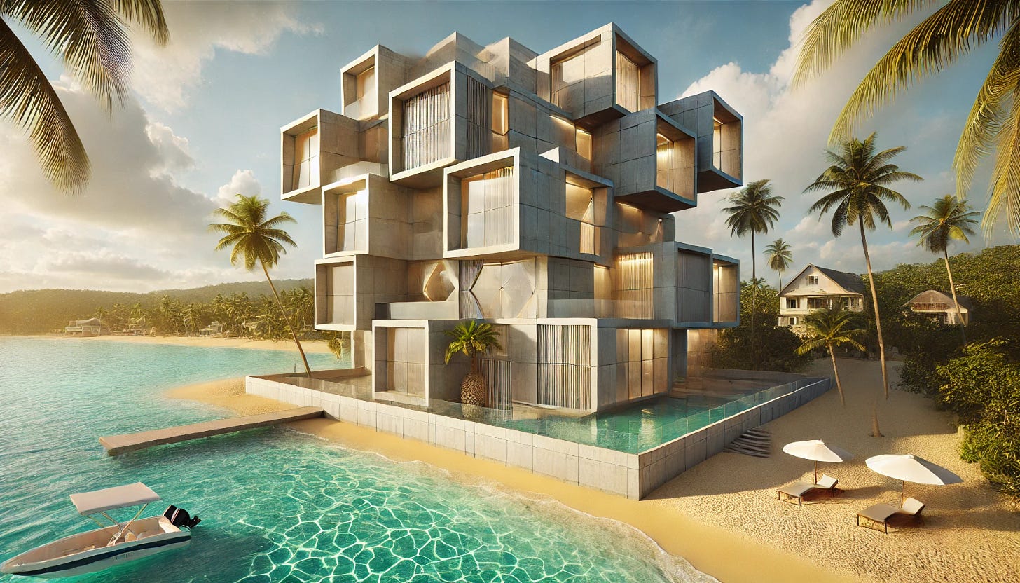 A modern, modular concrete building with a geometric design, featuring large glass windows and rectangular protrusions, inspired by contemporary architecture. The building is situated on a picturesque Caribbean beach in Jamaica. Surround it with lush tropical palm trees, soft golden sands, and crystal-clear turquoise waters gently lapping at the shore. Include a vibrant blue sky with soft, fluffy clouds and warm sunlight casting dynamic shadows on the building's surfaces. The atmosphere should convey a tranquil, luxurious tropical getaway, with subtle elements reflecting Jamaican coastal architecture, such as hints of wooden accents or tropical landscaping nearby. Add details like lounge chairs, beach umbrellas, and a small wooden dock extending into the water, enhancing the idyllic coastal ambiance.