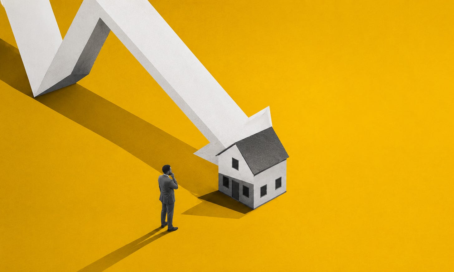 A stylised illustration representing modern housing market anxiety, showing a Jamaican finance professional watching as downward economic pressure collides with the property market.