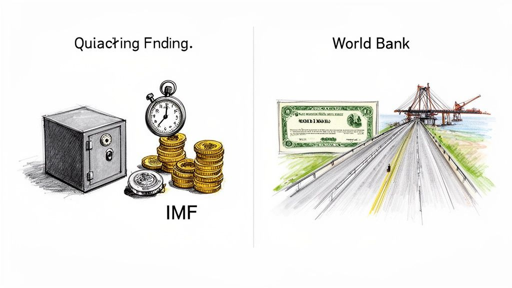 An illustration comparing IMF (safe, stopwatch, coins) for quick funding and World Bank (road, bridge, dollar) for long-term development. An illustration comparing IMF (safe, stopwatch, coins) for quick funding and World Bank (road, bridge, dollar) for long-term development.