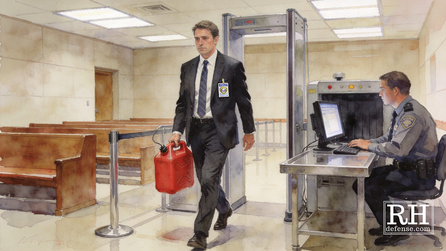 A watercolor illustration of a man in a dark business suit and official badge walking through a courthouse metal detector, carrying a red gasoline can at his side. A security guard sits at the x-ray monitor to the right, looking at his screen, paying no attention. Courthouse benches are visible in the background. The scene is rendered in muted, realistic watercolor tones with fluorescent overhead lighting.