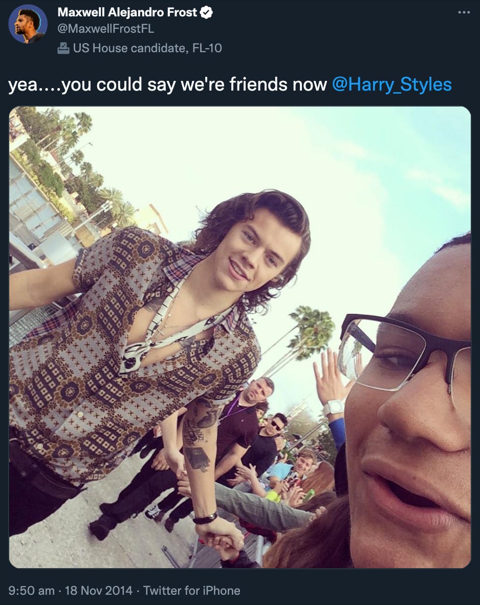 A tweet from Maxwell Alejandro Frost featuring a photo of him with Harry Styles with the caption, "yea....you could say we're friends now" A tweet from Maxwell Alejandro Frost featuring a photo of him with Harry Styles with the caption, "yea....you could say we're friends now"