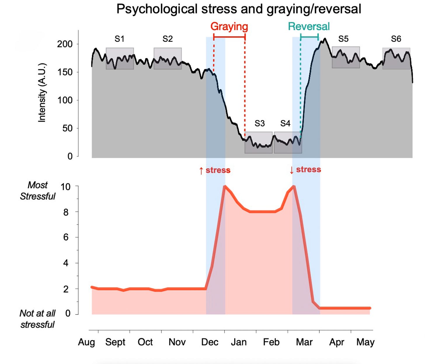 This figure shows two graphs. On the top, the pigment intensity over the length of the hair lines up with the graph below showing the chronology of life stresses. The drop in pigment intensity (hair greying) corresponds with a period of increased stress. 