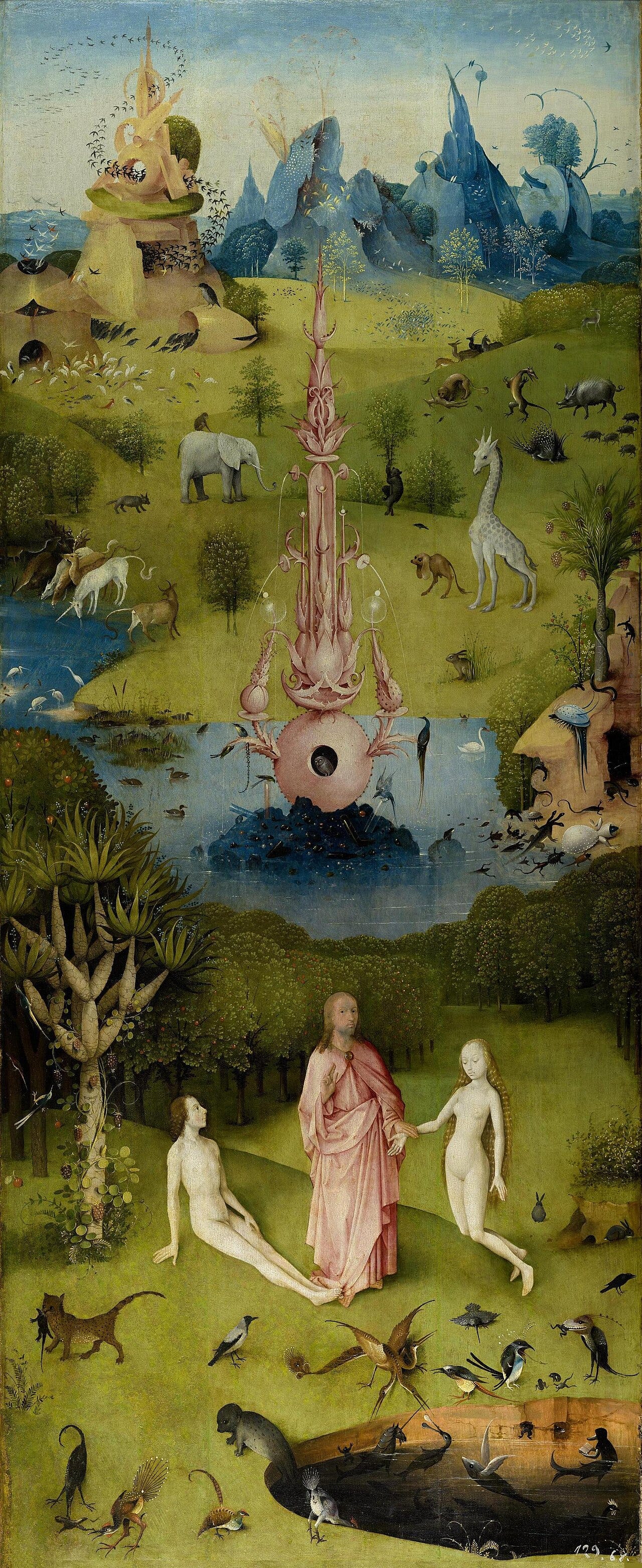 Eden with animals drinking at a pool, including a unicorn Eden with animals drinking at a pool, including a unicorn