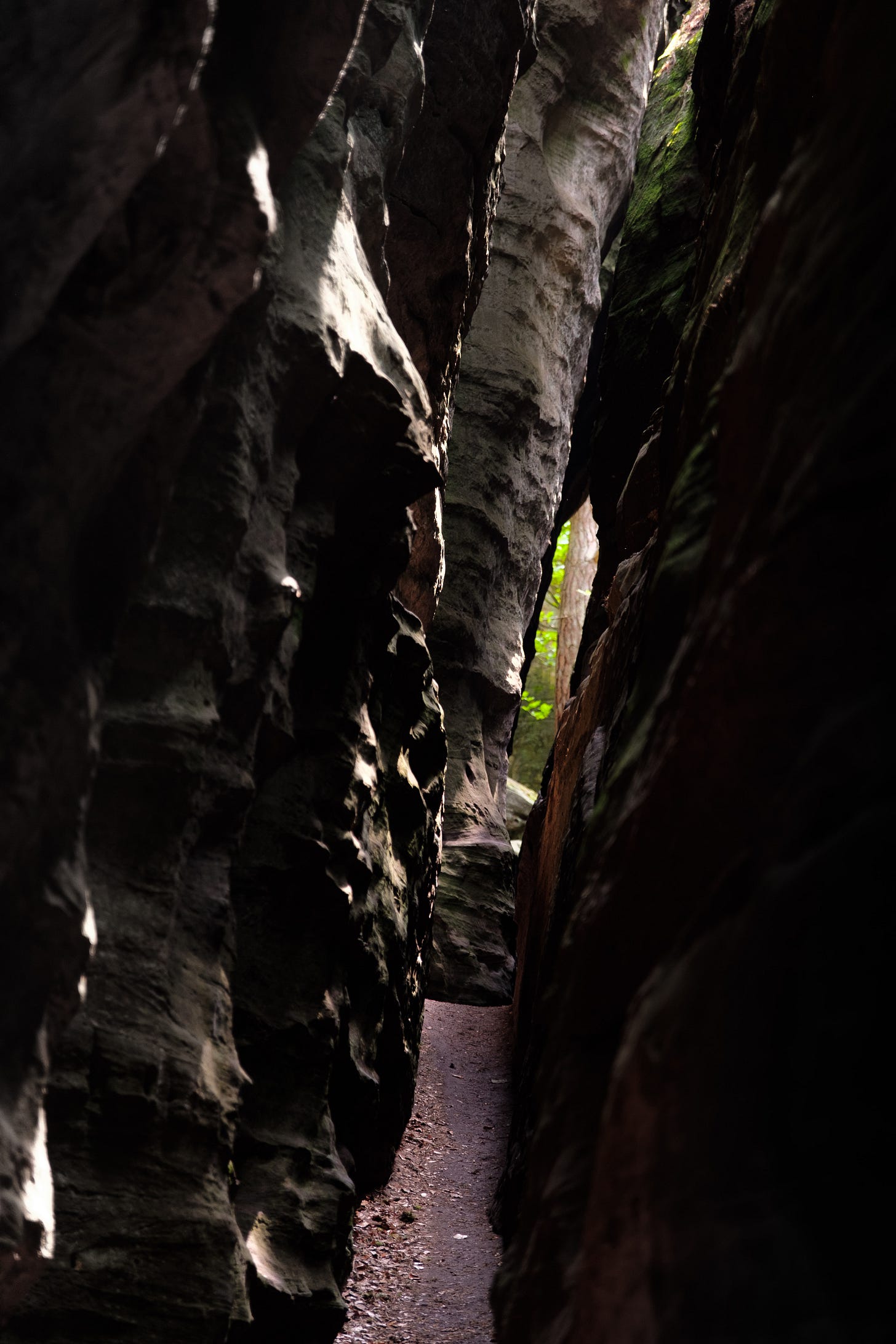 A narrow stone gorge, formed over thousands of years, just wide enough to walk through. Soft green and golden forest light glows at the far end, gently inviting the viewer deeper into the landscape.