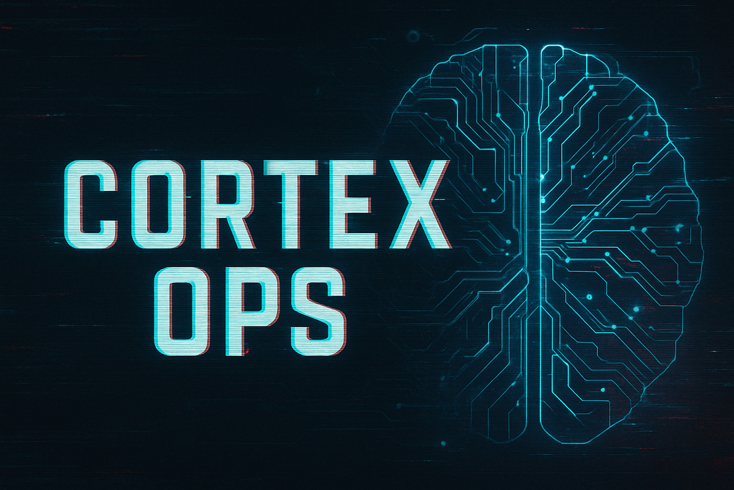 Banner labeled “CORTEX OPS” with sharp, tech-style text and light distortion effects.