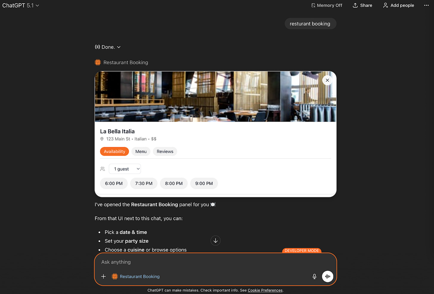 Book and make reservations in a ChatGPT app example Book and make reservations in a ChatGPT app example
