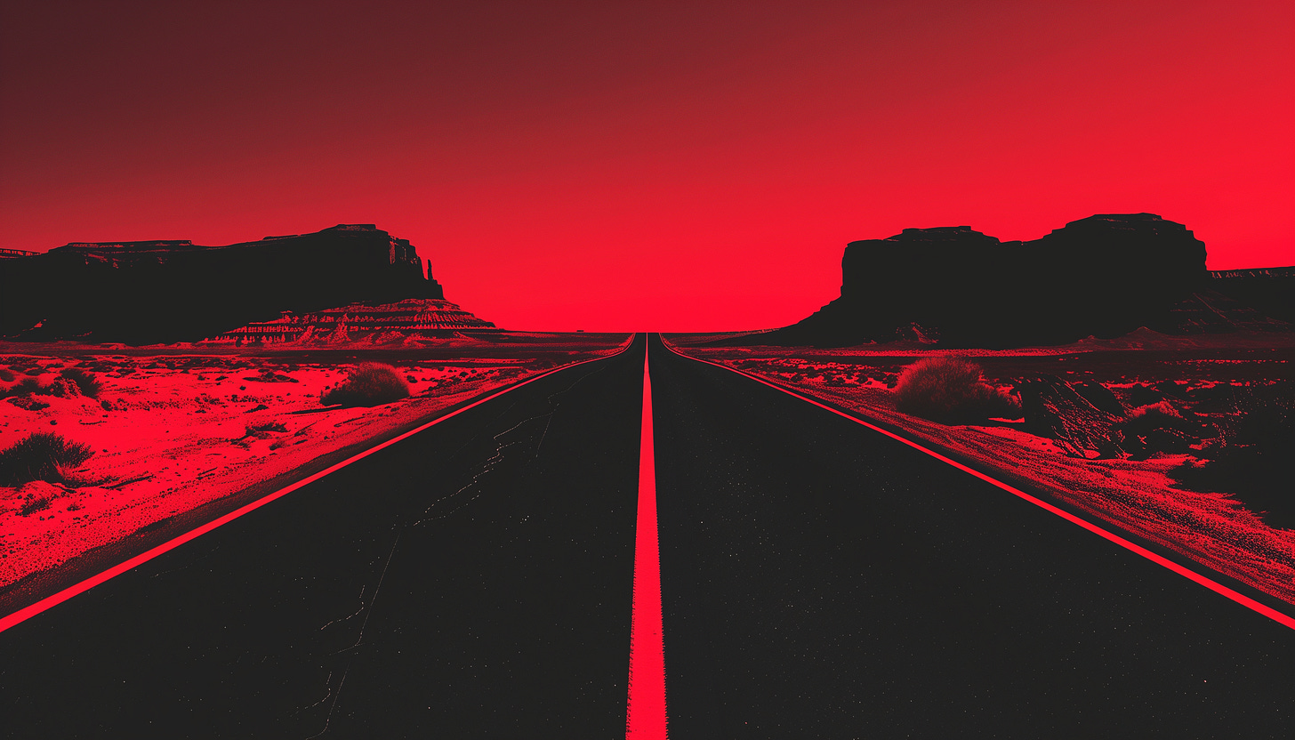 An image of a straight road leading into the horizon with a red and black landscape, representing the future journey and challenges in AI Red Teaming.