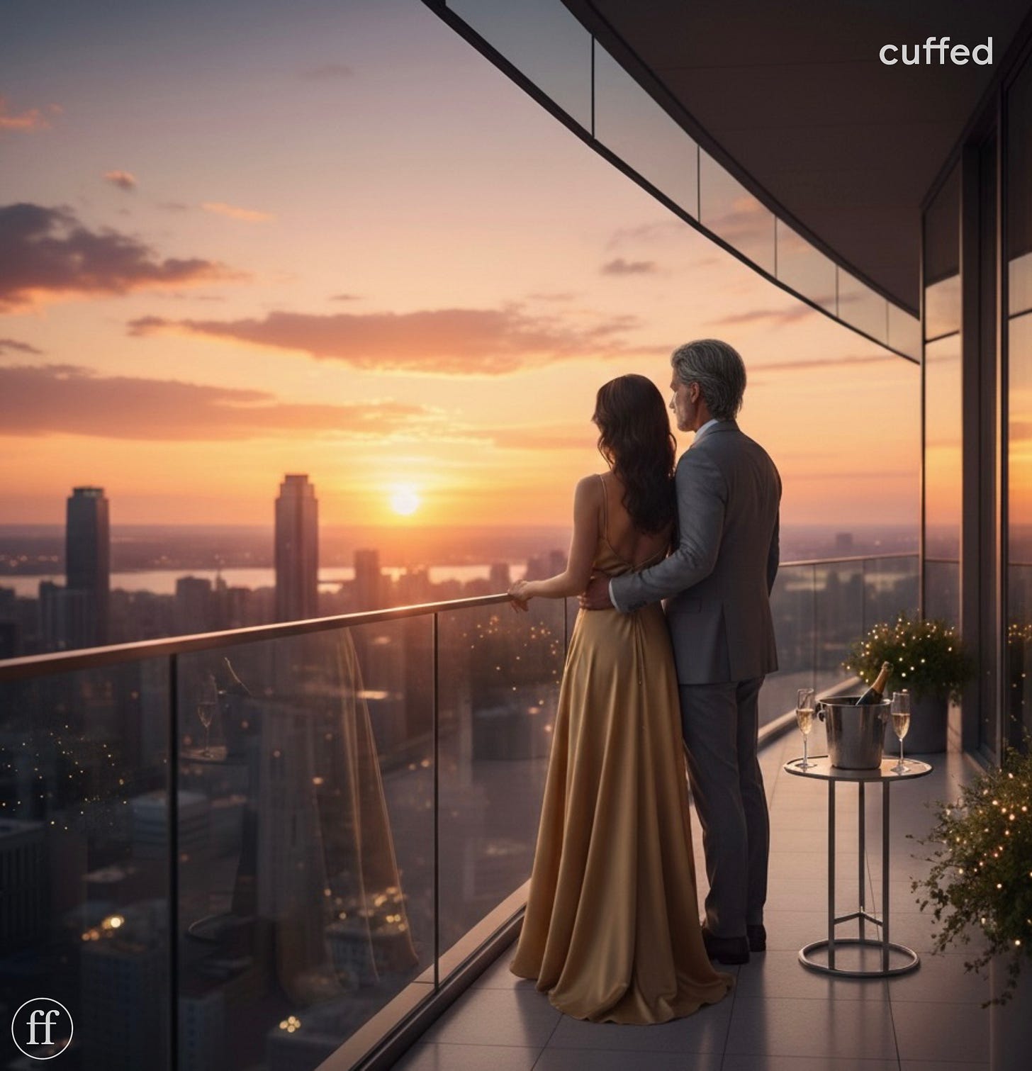 A man and woman stand closely together on a high-rise balcony at sunset, overlooking a glowing city skyline. She wears a flowing gold satin gown and rests into his embrace, while he stands still in a tailored gray suit. A table beside them holds champagne glasses and a chilled bottle, symbolizing quiet intimacy and emotional connection. The scene uses soft warm lighting in a cream-gold palette, cinematic composition, and lowercase serif "cuffed" logo in the top right with a fused "ff" mark bottom left. Mood: refined, intimate, reflective. SEO tags: emotional intimacy, masculine stillness, luxury sunset couple, cinematic romance.