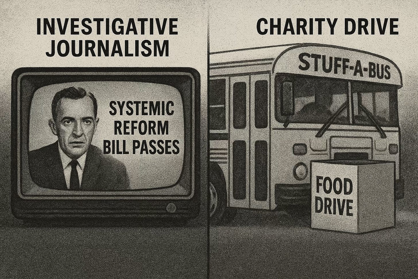Black-and-white, grainy illustration divided into two halves. On the left, a vintage TV shows a serious news anchor with the headline “Systemic Reform Bill Passes,” labeled “Investigative Journalism.” On the right, a modern bus marked “Stuff-A-Bus” sits behind a donation box labeled “Food Drive,” under the heading “Charity Drive.” The image visually represents journalism’s shift from driving policy change to organizing local charity efforts. Black-and-white, grainy illustration divided into two halves. On the left, a vintage TV shows a serious news anchor with the headline “Systemic Reform Bill Passes,” labeled “Investigative Journalism.” On the right, a modern bus marked “Stuff-A-Bus” sits behind a donation box labeled “Food Drive,” under the heading “Charity Drive.” The image visually represents journalism’s shift from driving policy change to organizing local charity efforts.