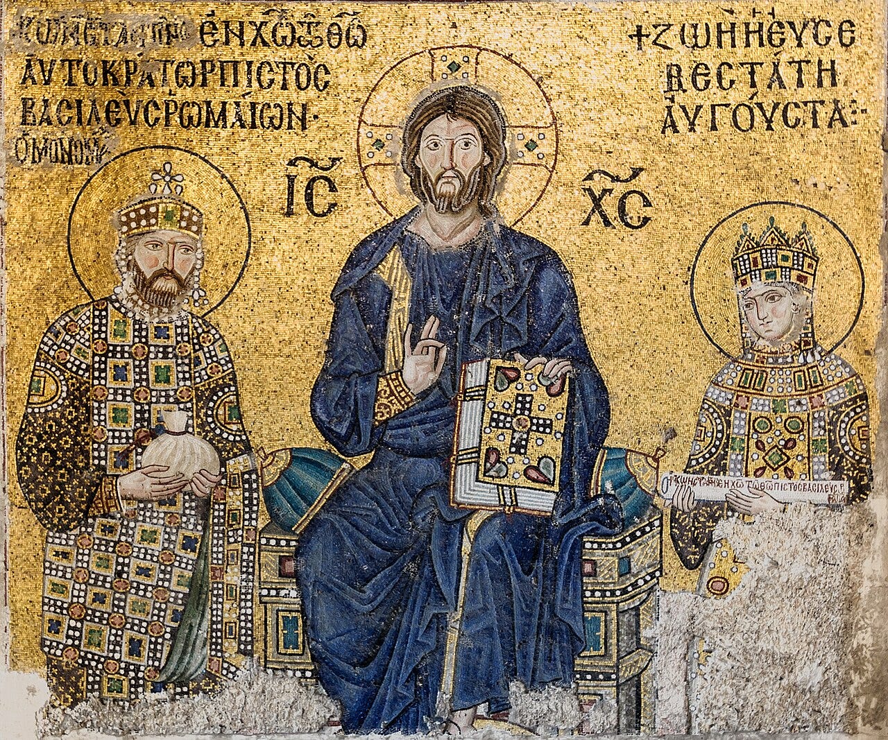 Christ enthroned between Emperor Constantine IX and Empress Zoe, gold mosaic in Hagia Sophia Christ enthroned between Emperor Constantine IX and Empress Zoe, gold mosaic in Hagia Sophia