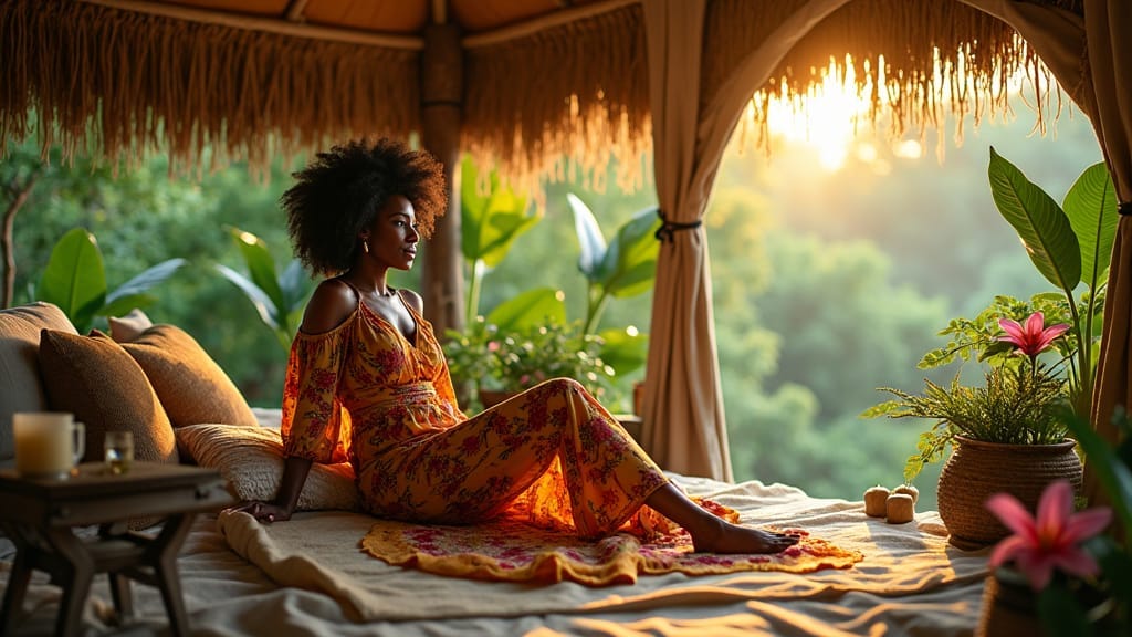 Elegant Jamaican woman in a flowing, tropical print dress, surrounded by lush greenery and vibrant flowers, relaxing in a luxurious, eco-friendly glamping tent with a thatched roof and natural wood accents, amidst a serene Caribbean forest, with a warm, golden light casting a cozy glow