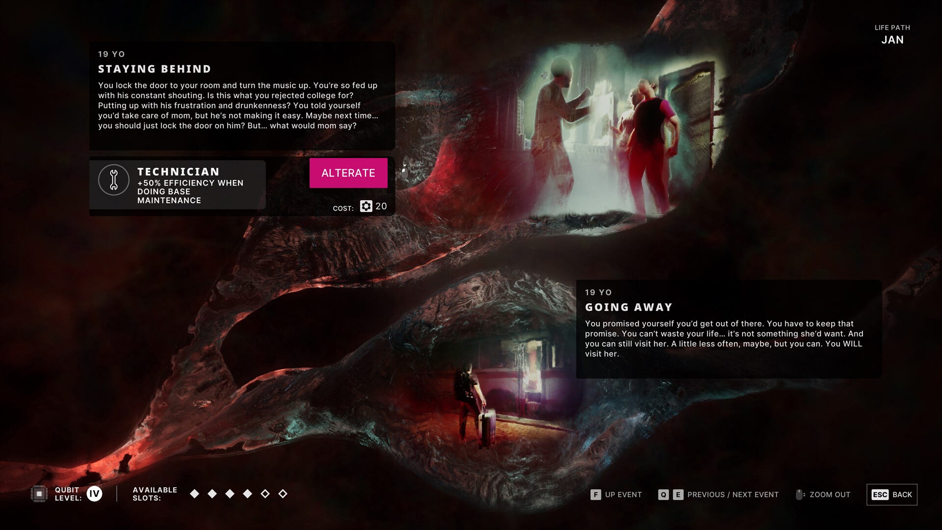 Video game screenshot of a timeline of a man's life. It branches, showing that at 18 he could have stayed behind, not go to college and live with a drunken father. Alternately, at 19, he could have left for college. The first option is shown as one the player can spend 20 points to explore, creating a clone in the process