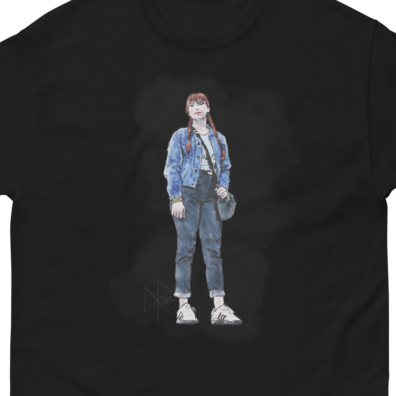 A woman with her red hair in pigtails stands while dressed in a denim jacket and jeans. Sketch art by Don Rice. A woman with her red hair in pigtails stands while dressed in a denim jacket and jeans. Sketch art by Don Rice.
