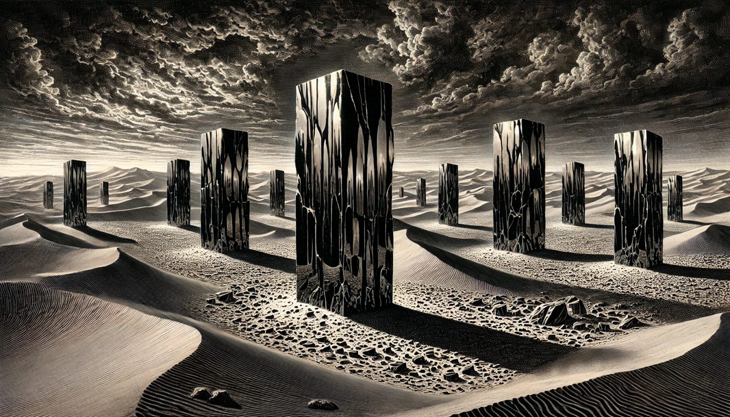 A Piranesi-style landscape etching of a vast, desolate desert filled with towering obsidian monoliths that are perfectly smooth and shiny. These monoliths reflect each other in intricate mirrored patterns, their gleaming surfaces almost liquid-like as they catch the light. The desert is barren, with dunes of sand stretching endlessly under a dark, dramatic sky. The monoliths, with their reflective, polished surfaces, create an eerie and surreal atmosphere, standing silently against the empty, desolate landscape, dominating the horizon with their imposing presence.