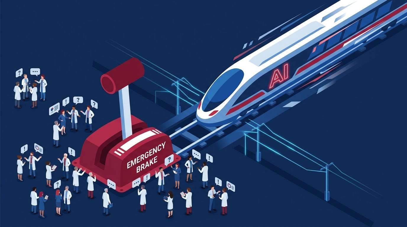 Flat isometric illustration of a futuristic high-speed train labeled AI racing down a track while hundreds of tiny scientists stand beside a giant emergency brake lever debating whether to pull it, dark navy background, clean vector art style, red, white and blue color palette, modern technology policy editorial aesthetic Flat isometric illustration of a futuristic high-speed train labeled AI racing down a track while hundreds of tiny scientists stand beside a giant emergency brake lever debating whether to pull it, dark navy background, clean vector art style, red, white and blue color palette, modern technology policy editorial aesthetic