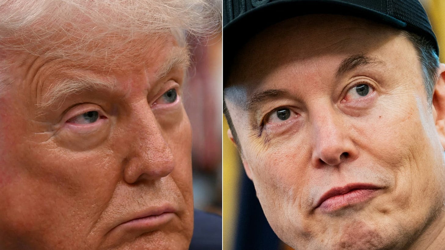 (COMBO) This combination of pictures created on June 5, 2025 shows US President Donald Trump in the Oval Office of the White House, in Washington, DC, on May 5, 2025 and Elon Musk in the Oval Office of the White House in Washington, DC, on May 30, 2025. President Donald Trump said on June 5, 2025, that he asked "crazy" Elon Musk to leave his administration and threatened to take away the tech tycoon's government contracts, as a growing row over the US president's budget bill triggered a bitter public divorc