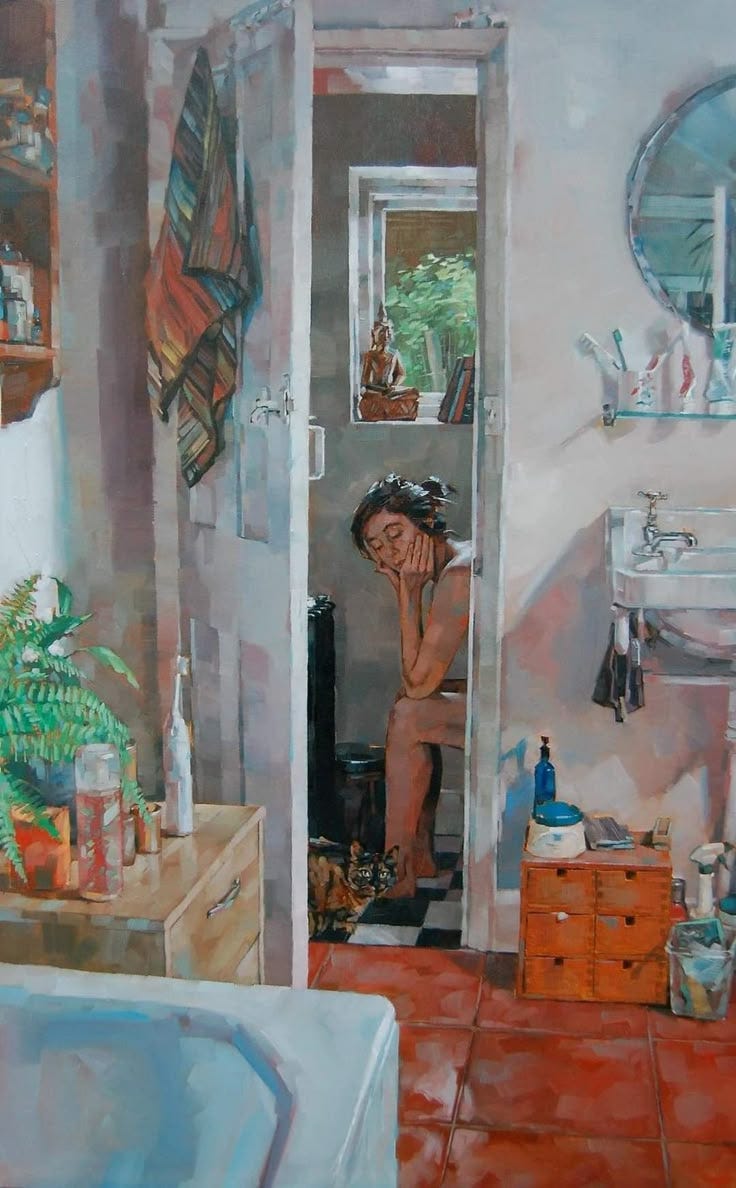 This may contain: a painting of a woman sitting in a bathroom