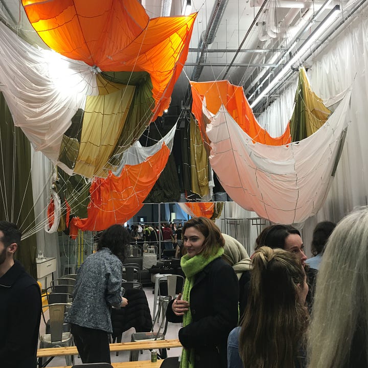 1. The Imagining Possibilities exhibition room at The Lab E20 with designer Christopher Raeburn’s signature reclaimed parachute material hanging from the ceiling; 2. The panel discussion with from L-R: Dilys Williams, Julia Crew, Clare Press and Kaja Grujic.