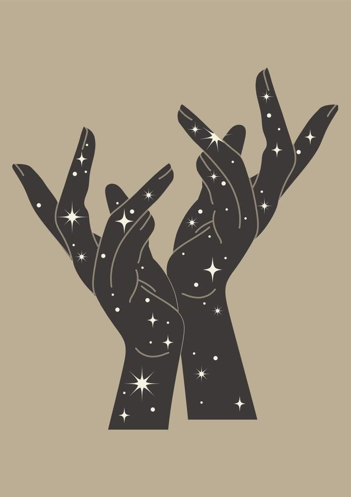 This may contain: two hands reaching up into the air with stars on them, against a beige background