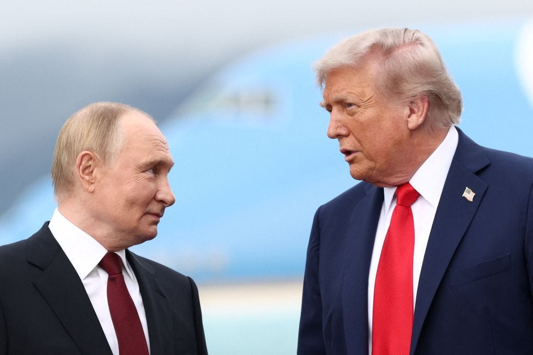 US President Donald Trump speaks with Russian President Vladimir Putin at Joint Base Elmendorf-Richardson in Anchorage, Alaska, on August 15, 2025.