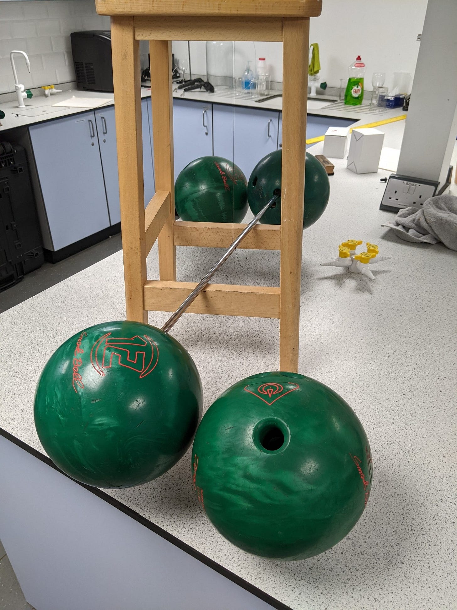 A photo of a laughably crude Cavendish experiment