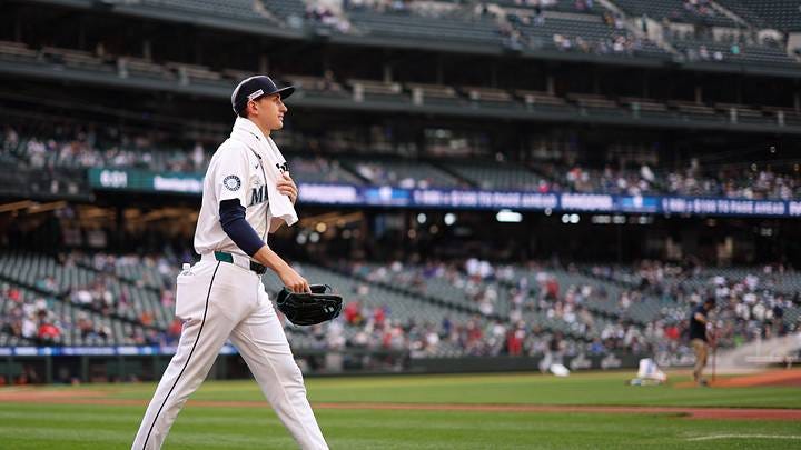 Jun 14, 2025: Seattle Mariners starting pitcher George Kirby (68) walks onto the field before the game against the Cleveland Guardians at T-Mobile Park. 