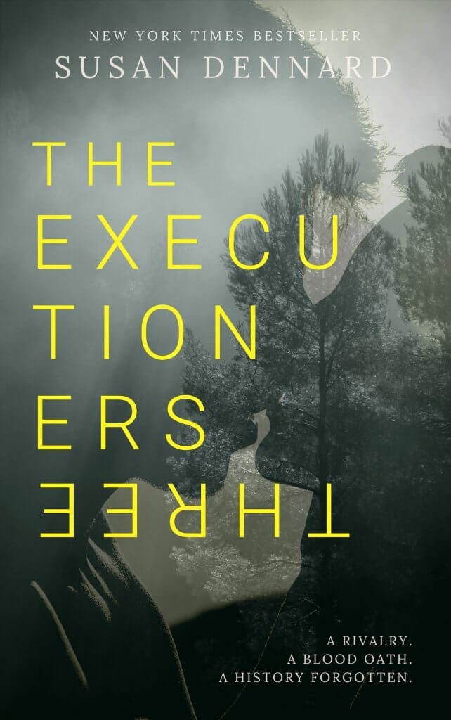 Susan's Wattpade cover for The Executioners Three showing a spooky forest with a kissing couple silhouetted on top