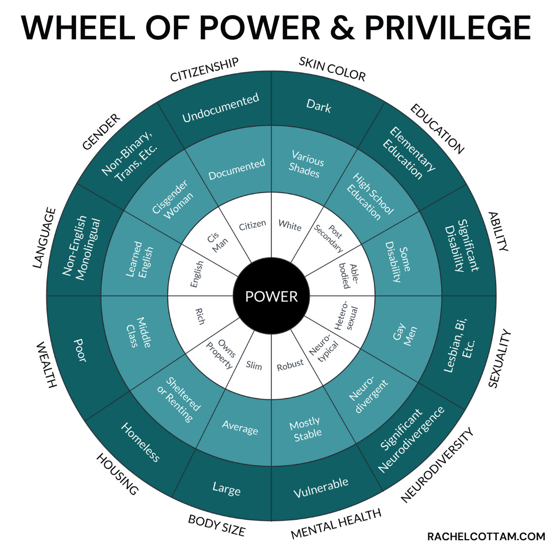 Circular diagram with concentric circles in shades of blue showing levels of power and privilege. Identities that hold the most privilege are in the center, and the most marginalized identities are on the outside. Circular diagram with concentric circles in shades of blue showing levels of power and privilege. Identities that hold the most privilege are in the center, and the most marginalized identities are on the outside.