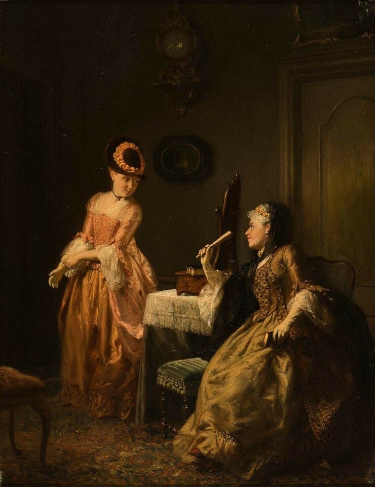 'Confidence: two elegant ladies in an interior' 1871 - olieverf op paneel: David Bles (herkomst: voorm. coll. Adams Amsterdam Auctions) 'Confidence: two elegant ladies in an interior' 1871 - olieverf op paneel: David Bles (herkomst: voorm. coll. Adams Amsterdam Auctions)