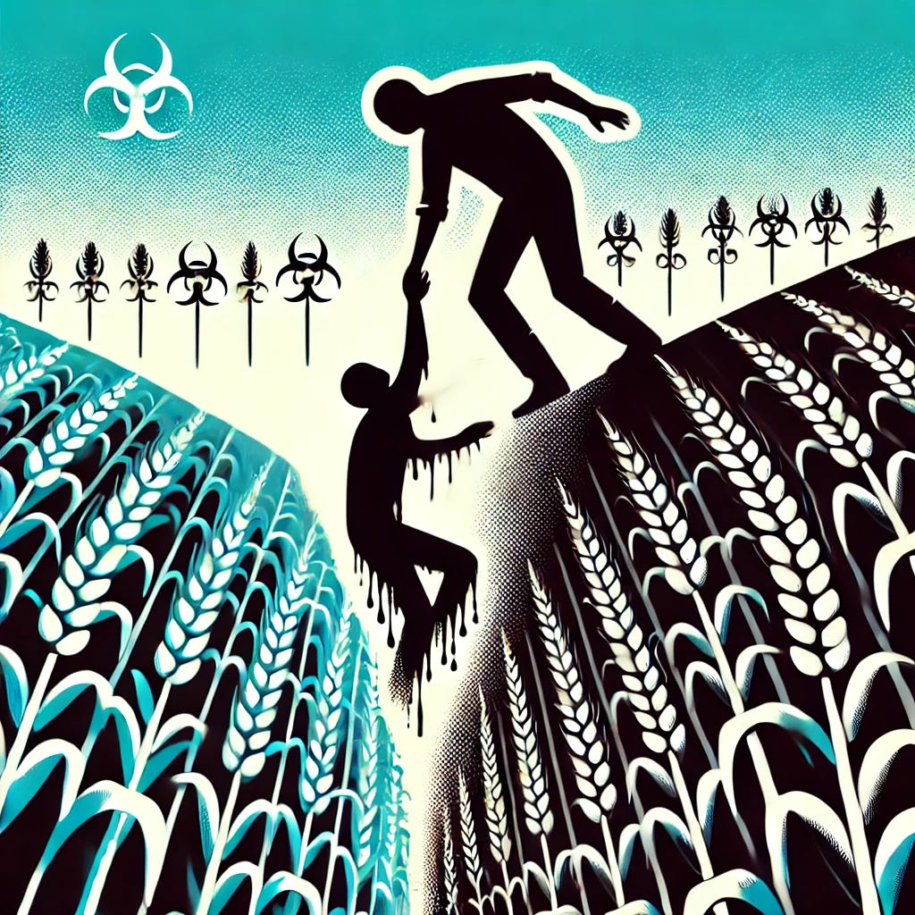 A stylized, minimalist illustration inspired by the attached image, but reversed, showing one person reaching down to lift another out of a field filled with pesticide-infected crops. The lower figure is struggling among the plants, representing the dangers of contaminated food, while the higher figure offers a hand from a place of safety and health. The background contrasts the polluted field below with a clearer, more natural environment above, reinforcing the theme of escape from harmful food sources. The design remains bold, clean, and impactful.