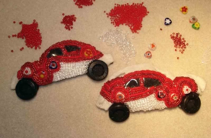 beaded love Lub Bug VW Bug Beetle red milliefiori bead embroidery beaded beadwork car etsy Valentine's Day