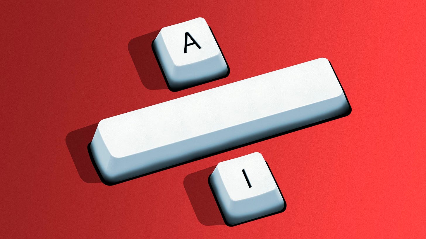 Illustration of a computer keyboard key with an "A" and another with an "I" forming a division symbol with a spacebar between them
