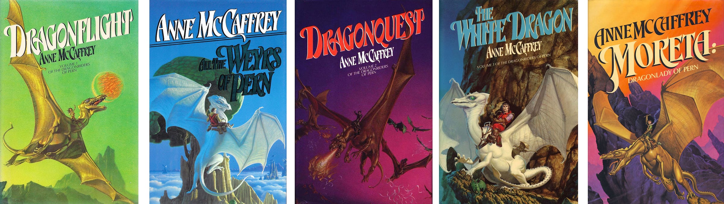 Five Anne McCaffrey Pern book covers (left to right): Dragonflight, All the Weyrs of Pern, Dragonquest, The White Dragon, and Moreta: Dragonlady of Pern. Each has slightly angled type with the second and fifth covers featuring author on top of title.