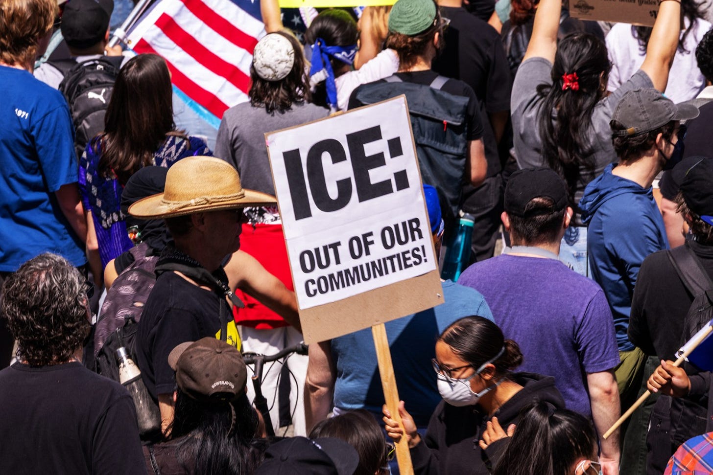 Protesters raise a sign reading "ICE: Out of Our Communities" during an anti-ICE demonstration in downtown Los Angeles, California, on June 8, 2025.
The protest erupted after a wave of federal immigration raids began on June 7, with National Guard troops deployed to the city despite objections from local officials. Demonstrators called for an end to deportations and the dismantling of ICE. (Photo by Sahab Zaribaf / Middle East Images via AFP) (Photo by SAHAB ZARIBAF/Middle East Images/AFP via Getty Images) Protesters raise a sign reading "ICE: Out of Our Communities" during an anti-ICE demonstration in downtown Los Angeles, California, on June 8, 2025.
The protest erupted after a wave of federal immigration raids began on June 7, with National Guard troops deployed to the city despite objections from local officials. Demonstrators called for an end to deportations and the dismantling of ICE. (Photo by Sahab Zaribaf / Middle East Images via AFP) (Photo by SAHAB ZARIBAF/Middle East Images/AFP via Getty Images)