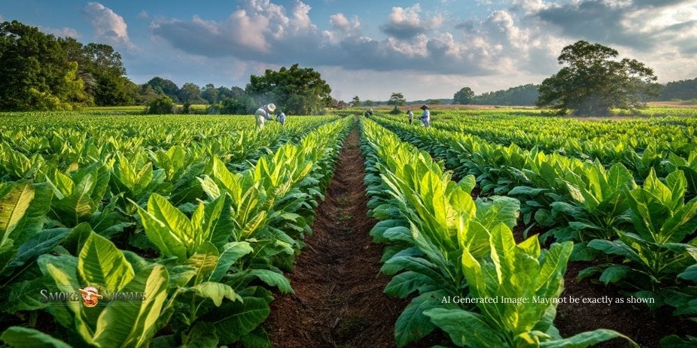 Bright Virginia tobacco fields with workers in the 1700s.