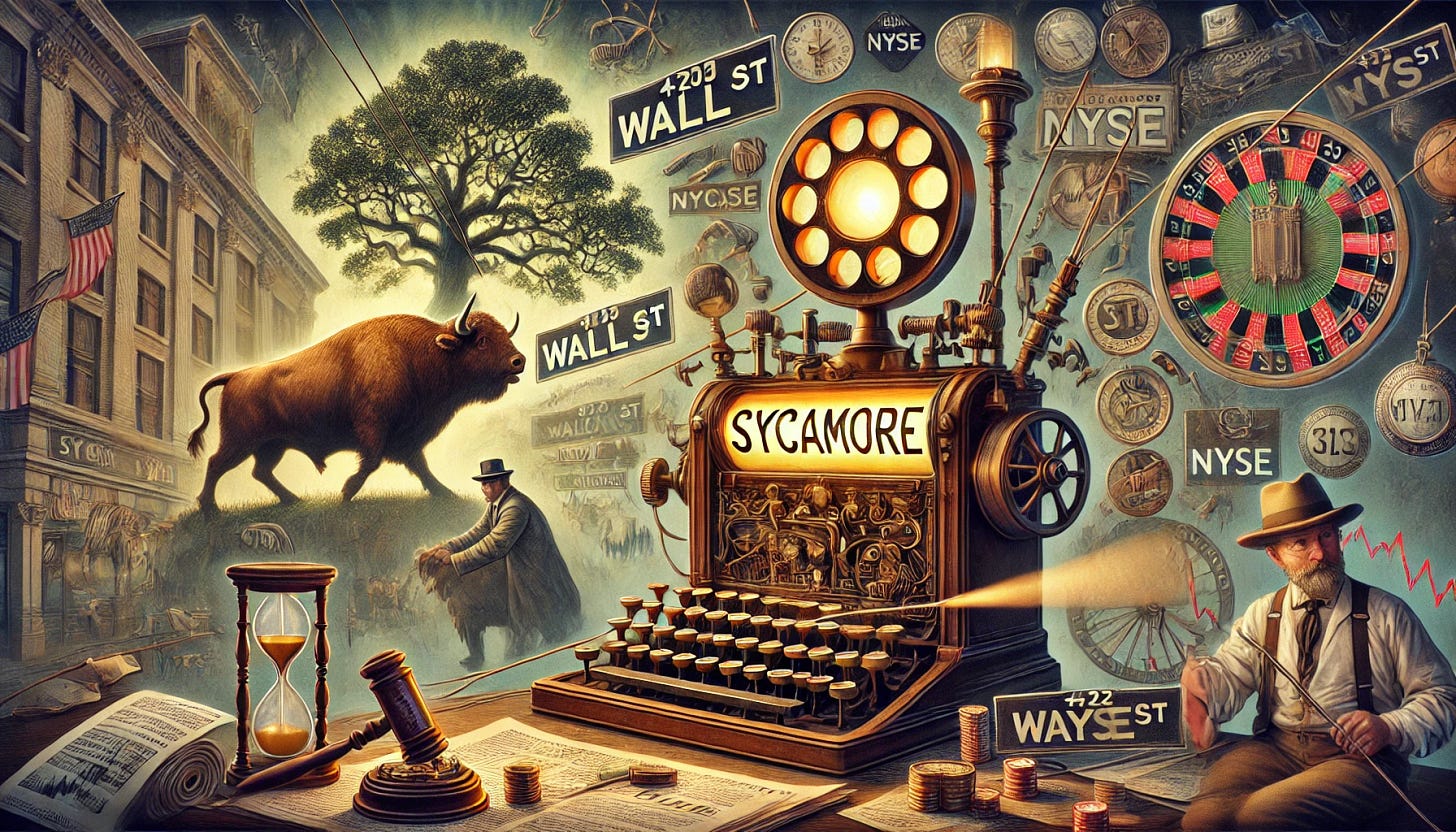 A detailed illustration of a vintage telegraph machine transmitting news along telegraph wires. The word 'Sycamore' is prominently displayed, glowing as if being sent through the wires. Surrounding the scene are stock market-related symbols, including a charging bull and a retreating bear, a Wall St. street sign, stock charts, and a subtle NYSE reference. In the background, a sycamore tree stands tall with a small figure of Zacchaeus from the Gospel of Luke climbing it. A subtle roulette wheel is integrated into the scene, blending with the financial imagery. The overall composition has a historic yet timeless feel, with rich details and an atmospheric lighting effect. A detailed illustration of a vintage telegraph machine transmitting news along telegraph wires. The word 'Sycamore' is prominently displayed, glowing as if being sent through the wires. Surrounding the scene are stock market-related symbols, including a charging bull and a retreating bear, a Wall St. street sign, stock charts, and a subtle NYSE reference. In the background, a sycamore tree stands tall with a small figure of Zacchaeus from the Gospel of Luke climbing it. A subtle roulette wheel is integrated into the scene, blending with the financial imagery. The overall composition has a historic yet timeless feel, with rich details and an atmospheric lighting effect.