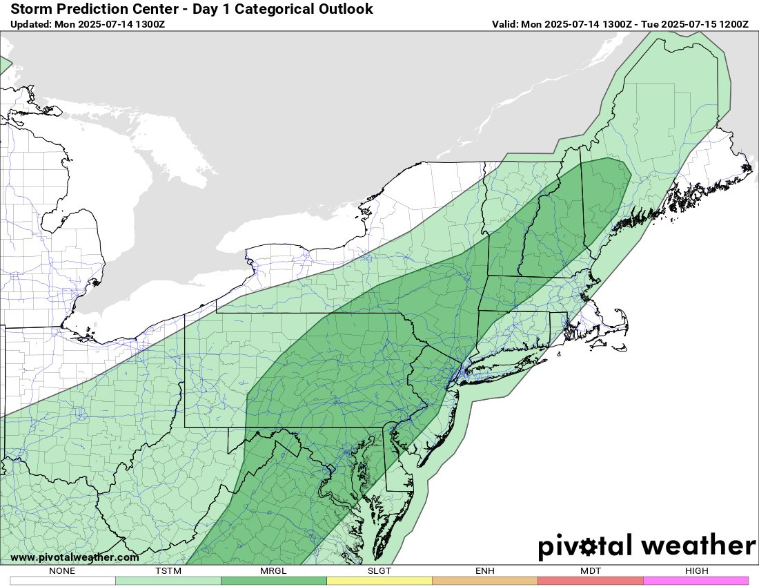 May be a graphic of map and text that says 'Storm Prediction Center• Updated: Mon 2025-0 2025-07-14 4 300Z 07-14 Day 1 Categorical Outlook vlit.Mon202077177m2272 1200Z Valid: Mon 2025-07-14 1300Z Tue 2025-07-15 www. ww.pivotalweather.com pivotalweą com NONE TSTM MRGL SLGT ENH piv#tal weather MDT HIGH' May be a graphic of map and text that says 'Storm Prediction Center• Updated: Mon 2025-0 2025-07-14 4 300Z 07-14 Day 1 Categorical Outlook vlit.Mon202077177m2272 1200Z Valid: Mon 2025-07-14 1300Z Tue 2025-07-15 www. ww.pivotalweather.com pivotalweą com NONE TSTM MRGL SLGT ENH piv#tal weather MDT HIGH'